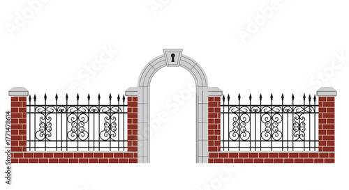 Elegant wrought iron fence with brick pillars and arched gateway for property perimeter security and classic architectural design projects