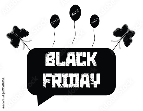 Black Friday sale banner with balloons and butterflies, Modern Black Friday discount poster design, Minimal black and white Black Friday sale illustration