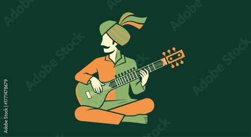 Captivating illustration of a musician playing sitar, perfect for cultural projects or music promotions with a vibrant, artistic touch