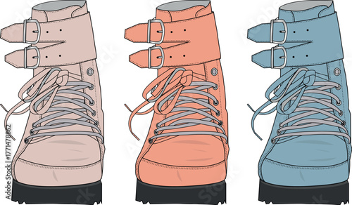 A colorful set of three high-top fashion boots in pink, orange, and blue. A conceptual design illustration of modern footwear with laces and buckles