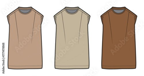 Three different colored plain t-shirts arranged in a row against a white background