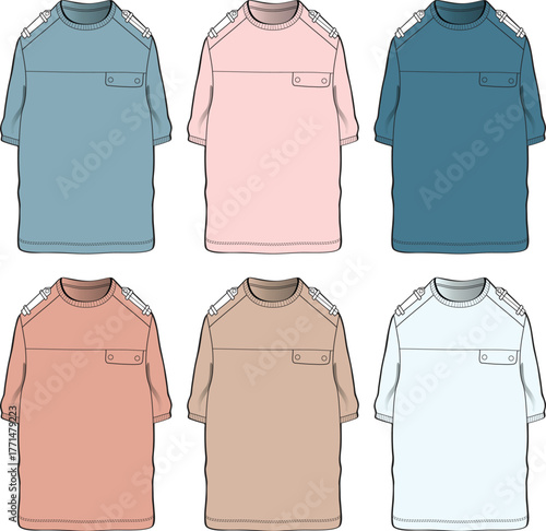 Short-sleeved t-shirt design concept displayed in six varied colors, offering vector templates for apparel mockups, fashion development, and casual wear style guides