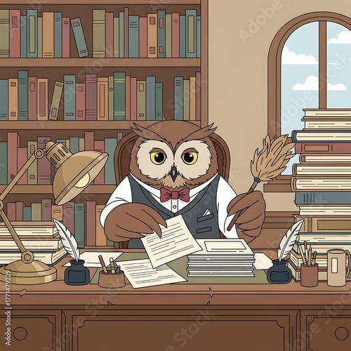 An anthropomorphic owl, dressed formally, sits behind a desk in a library, surrounded by books and writing materials. A window shows the sky