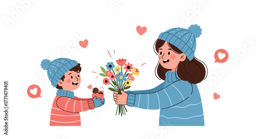 Sweet boy giving flowers and chocolates to his mom with love on Valentines day, happy family moment, seasonal illustration, heartwarming design