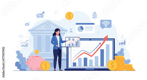 Businesswoman analyzing financial growth charts on laptop, indicating success and investment opportunities for modern banking solutions