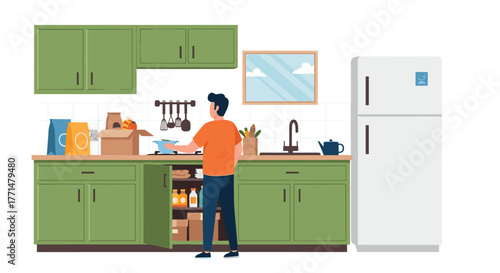 Man cooking in a modern green kitchen, unpacking groceries, settling into a new home, domestic bliss, comfortable lifestyle and kitchenware
