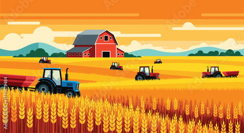 Vibrant illustration of a picturesque rural farm at sunset, featuring tractors, wheat fields, and a classic red barn nestled in the countryside
