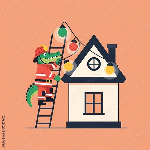 An anthropomorphic reptile in a firefighter's outfit decorates a house with string lights. It stands on a ladder next to the structure