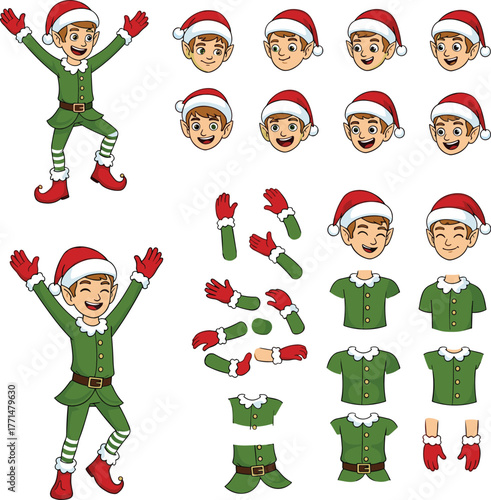 Festive Elf Creator Kit, Mix-and-Match Cartoon Parts for Custom Holiday Characters with Joyful Expressions, Poses, and Outfit Variations