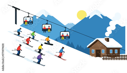 The thrill of skiing down snowy slopes with stunning mountain views and cozy cabin vibes, perfect for winter adventure promotions