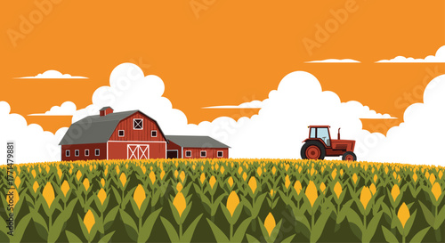 Vibrant red tractor parked beside classic barn in lush cornfield under warm orange sky with fluffy clouds