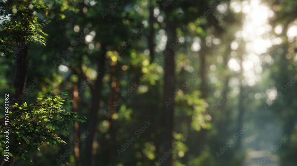 Obraz premium A tranquil forest scene with sunlight streaming through the trees, creating a sense of peace and natural beauty