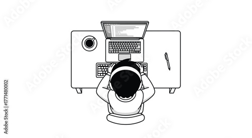 Focused programmer immersed in code with headphones on, coffee nearby, a modern workspace for intense concentration