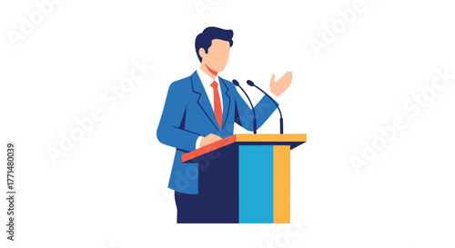 Dynamic speaker presenting on stage with microphones, perfect for political campaigns and business events, add your message for modern communication