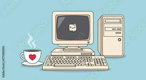 Vintage computer setup with steaming coffee cup and heart icon on screen, retro tech workspace vibes