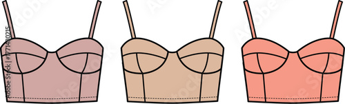 A versatile collection of three modern women's crop top bustiers in soft pastel and earthy tones, perfect as vector illustrations for fashion design, apparel concepts, or clothing line development