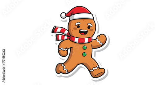 Joyful gingerbread man with Santa hat and scarf running happily, perfect for festive holiday marketing and cheerful designs