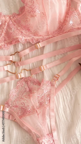 Women's set of erotic and beautiful underwear. Pink transparent bra with a heart and thong with pink lace. Elegant gift