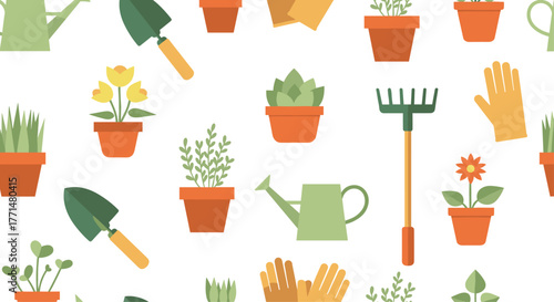 Seamless gardening pattern showcasing vibrant potted plants, watering can, trowel, rake and gloves for wallpaper, fabric, and home decor projects