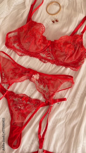 Women's set of erotic and beautiful lingerie. Red transparent bra, suspenders and thongs with red lace. Elegant gift