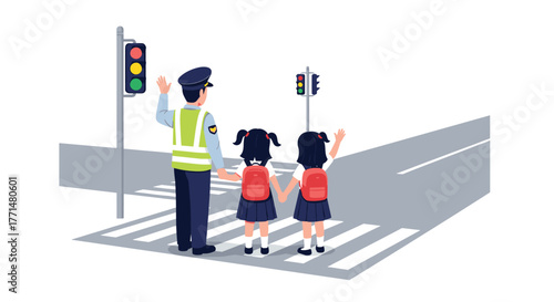 Helpful traffic officer safely guides two young schoolgirls across busy street at pedestrian crossing