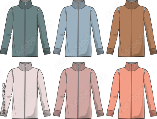 Assorted Colorful Mock-Up Jackets Arranged in Two Rows Fashion Apparel Design