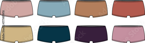 Collection of colorful boxer shorts illustrations in various shades for fashion and design projects