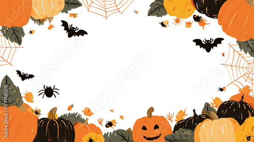 Stylized Halloween Border Featuring Pumpkins, Bats, and Spiders in Autumn Colors