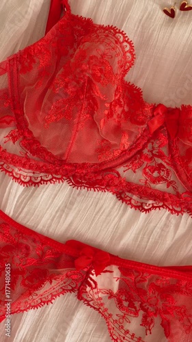 Women's set of erotic and beautiful lingerie. Red transparent bra, suspenders and thongs with red lace. Elegant gift