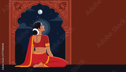Serene Indian woman gazes at the moon from ornate window, lost in peaceful contemplation on a quiet night, radiating beauty and tradition