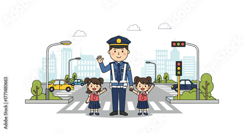 Friendly police officer guides happy children across busy city street with cars and traffic lights