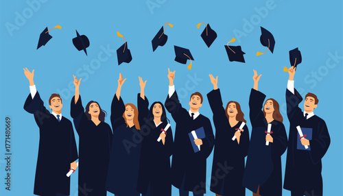 Joyful graduates in academic robes toss caps high celebrating achievement and bright future together