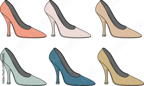 Six fashionable women's high heel pumps, each in a unique pastel color, forming a versatile collection for design, style, and apparel-related projects