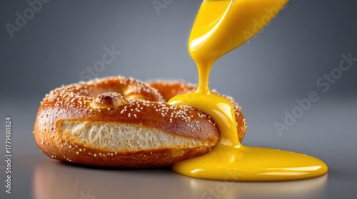 Pretzel with cheese sauce pouring over it studio shot close up food