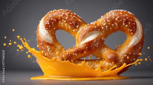 Golden pretzel with sesame seeds immersed in vibrant cheese sauce splash