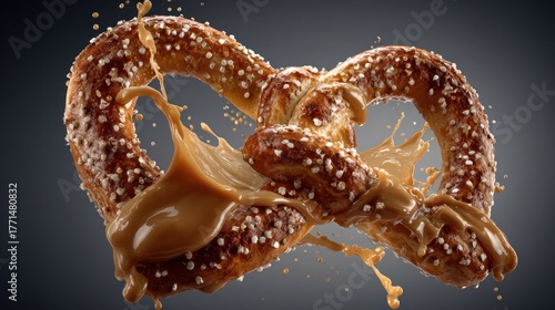 Delicious pretzel with flowing sauce against a dark background for advertising