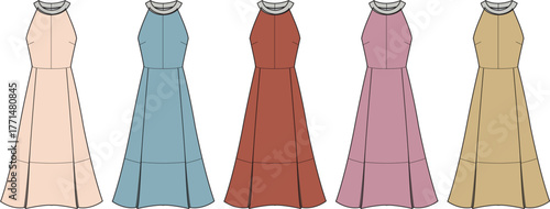 Collection of elegant halter neck dresses in various pastel and earth tone colors displayed in a row