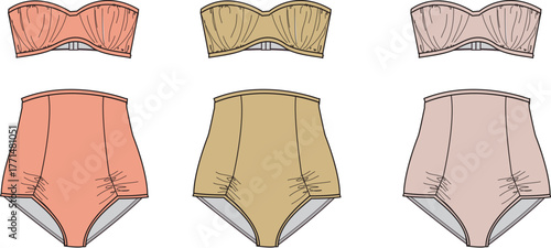 Collection of fashionable high-waisted lingerie sets, featuring strapless tops and matching briefs in a variety of pastel shades