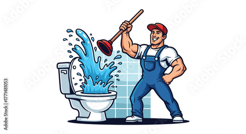 Strong plumber expertly clearing toilet clog with dynamic water splash, ensuring quick relief and functional plumbing