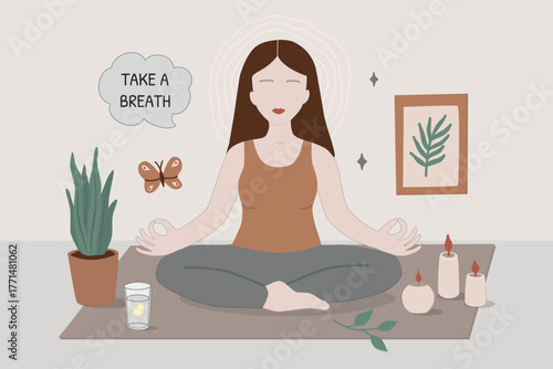Vector illustration of a woman meditating on a yoga mat, surrounded by candles, plant, butterfly, motivational text, and art. Modern flat style, perfect for wellness blogs, apps, posters, packaging
