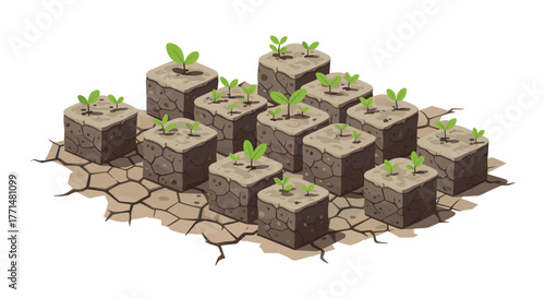 Hopeful seedlings sprout from cracked earth, symbolizing resilience and new beginnings in challenging environments