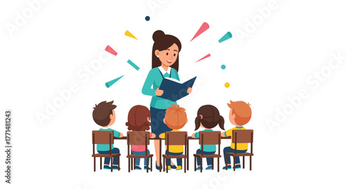Joyful teacher sharing stories with attentive children during engaging classroom lesson