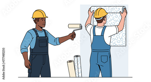 Professional painters applying fresh wallpaper and paint for a stylish home makeover, creating a vibrant interior with expert craftsmanship