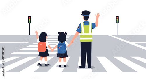 Dedicated police officer guides happy schoolchildren safely across busy street at crosswalk with traffic lights