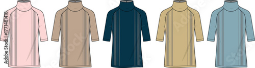 A collection of five different colored turtlenecks displayed side-by-side