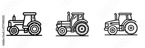 The tractor icon, with an editable stroke outline, is depicted in isolation on a white background as a flat modern illustration that is pixel perfect and 64 x