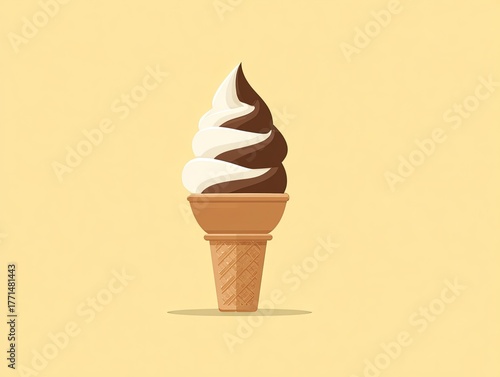 Soft-Serve Ice Cream Cone With Chocolate Vanilla Swirls, Flat Vector Clipart In Pastel Palette, Minimalist Design On Yellow Background.
