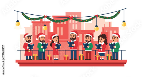 Festive Christmas carolers singing joyful songs on a winter night, spreading holiday cheer in the city with gifts and seasonal spirit