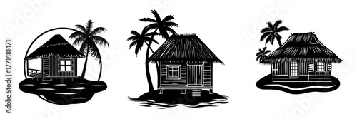 A cartoon beach house, a straw and wood island hut, and a tropical bungalow, all representative of Hawaii tourism cottages, are set against a isolated background, showcasing Caribbean lagoon