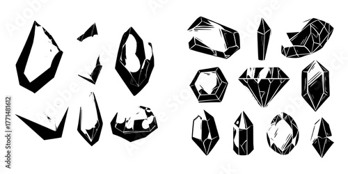 Yellow gemstones in assorted shapes are showcased on a white background as part of a diamond crystals set in a modern flat cartoon illustration
